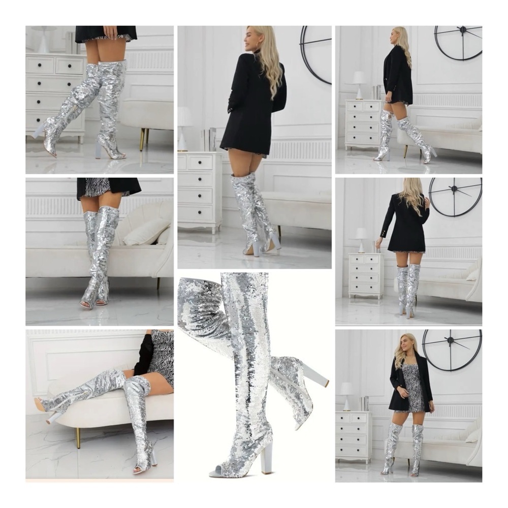 KHPAERMEI Sparkly Thigh High Open Toe Chunky High Heel Boots - Silver Sequin